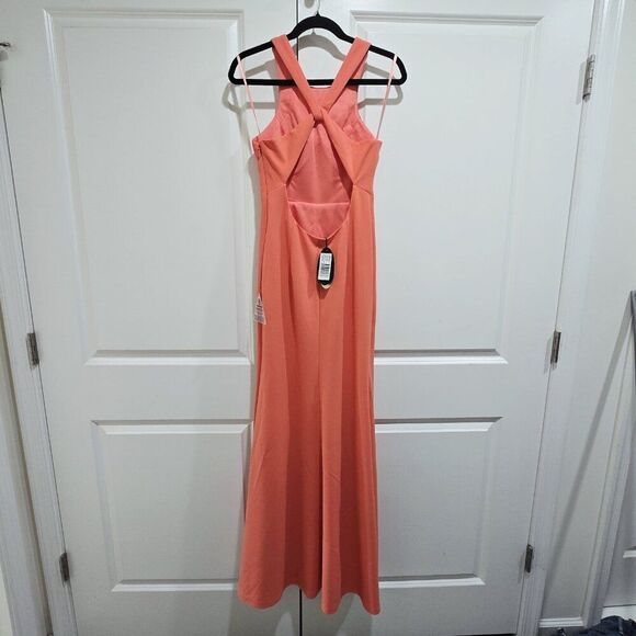 BARIANO - S Coral Front Slit Open Back Sleeveless Full Length Dress Gown - Picture 4 of 7
